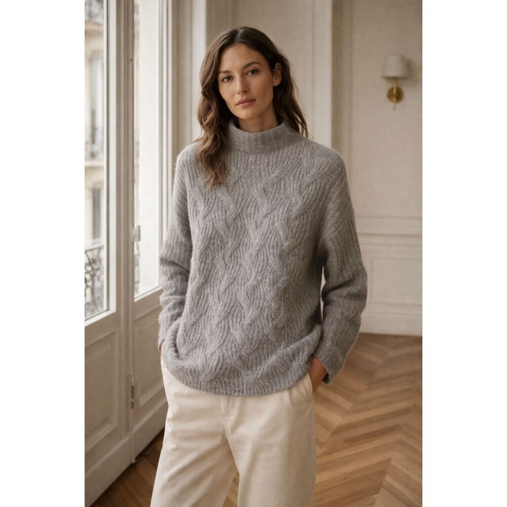 Donna Karan Ribbed Braided Knit Mockneck Sweater in Gray S